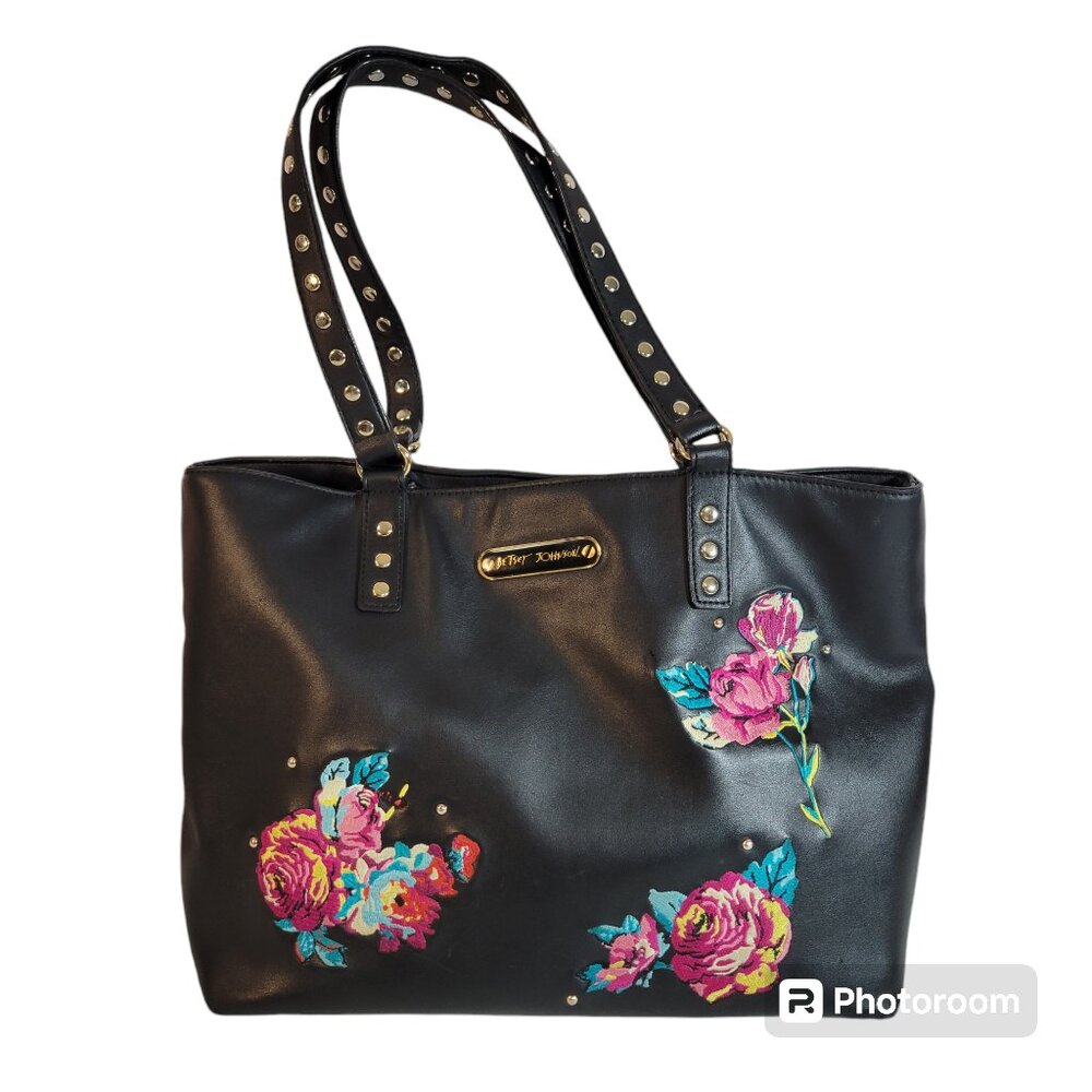 Betsey Johnson Belle Rose Shoulder Bag Black Gold Studs Embroidery Snap Straps
